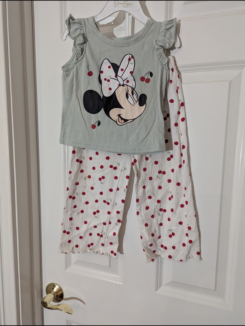 Disney Minnie Mouse Cherry Pajama Set - Sage Top & White Cherry Pants